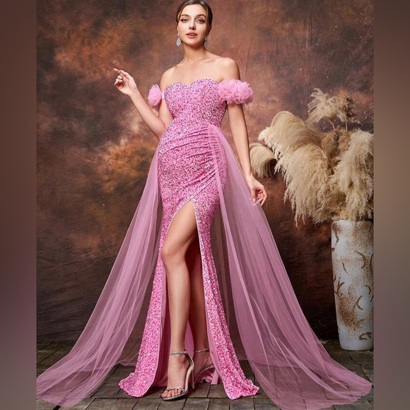 Faeriesty Maternity Off Shoulder Split Thigh Sequin Party Dress Small Pink - Picture 1 of 14